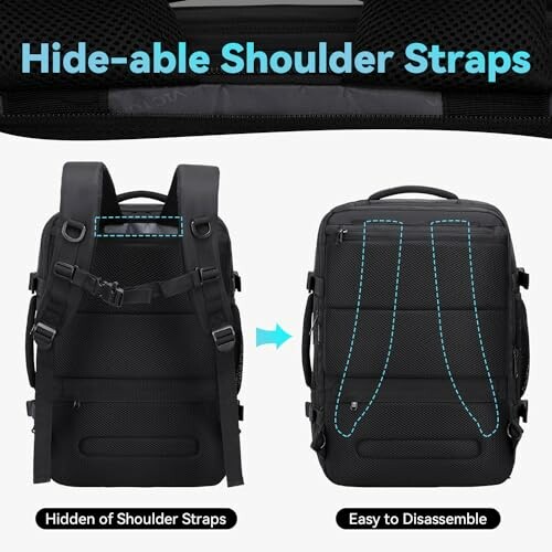 Backpack with hideable shoulder straps, shown in two configurations.