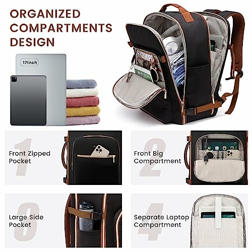 Backpack with organized compartments for laptop, clothes, and accessories.