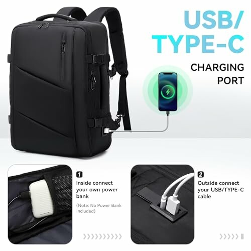 Black backpack with USB Type-C charging port and power bank connection.