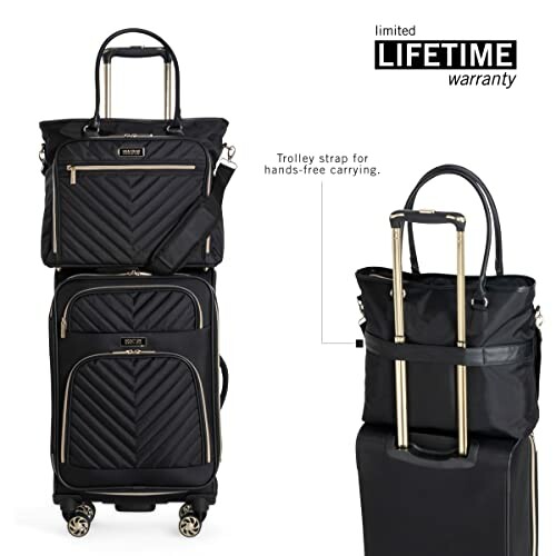 Black luggage set with trolley strap for hands-free carrying, limited lifetime warranty.