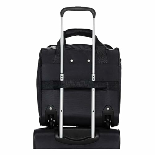 Back view of black rolling luggage with extended handle