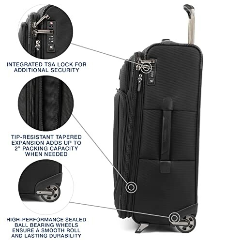 Black suitcase with TSA lock and expandable features.