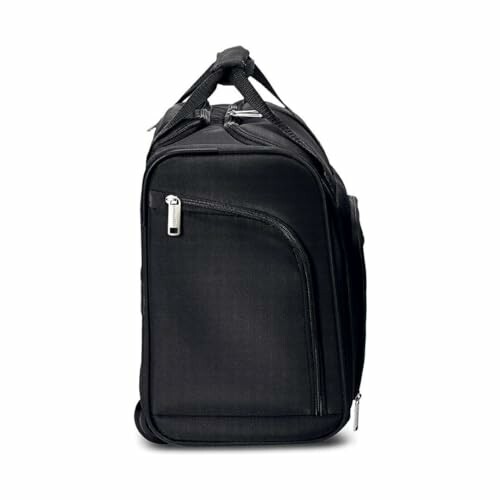 Side view of a black travel duffel bag with zippers