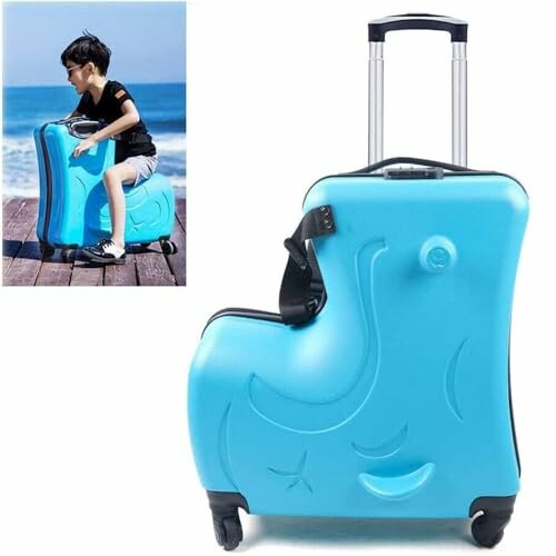 Child riding a blue elephant-shaped suitcase