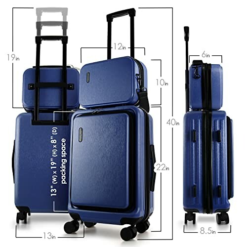 Blue luggage set with dimensions labeled.