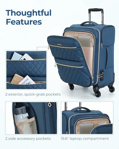 Blue suitcase with pockets and laptop compartment.