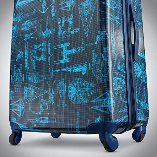 Suitcase with blue spaceship blueprint pattern