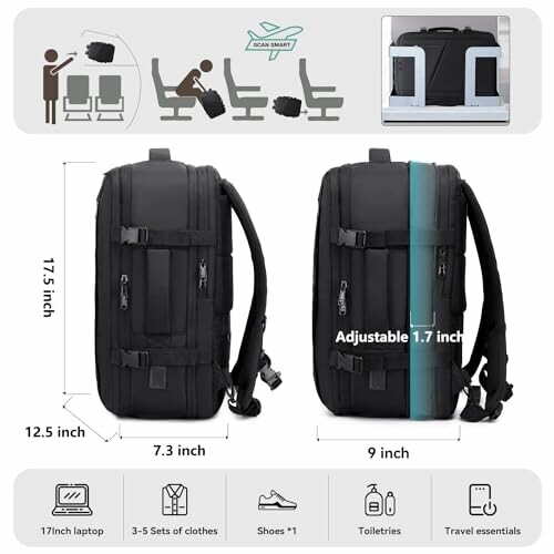 Expandable carry-on luggage dimensions and features.