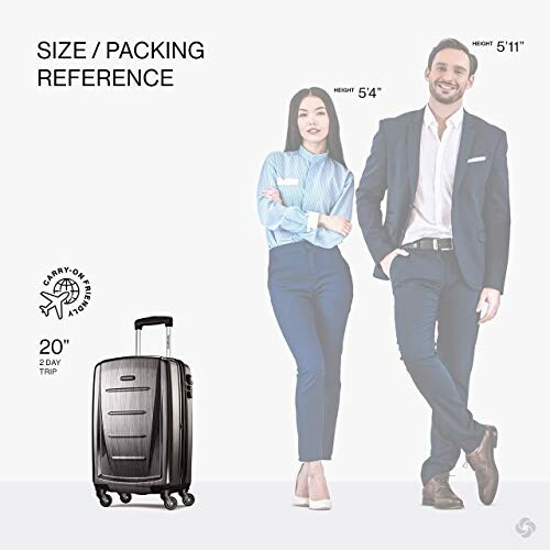 Carry-on luggage size reference with two people and suitcase.