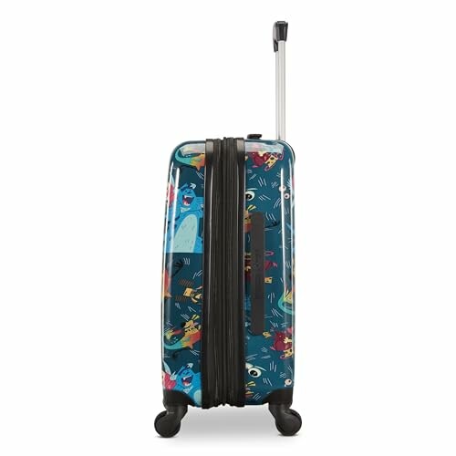 Colorful hard-shell suitcase with abstract design and extended handle