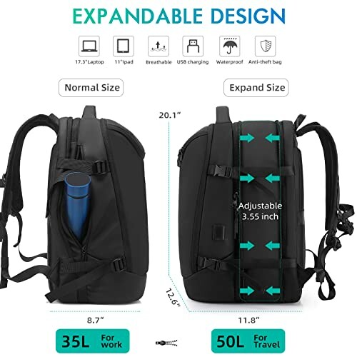 Expandable backpack with normal and expanded size, featuring laptop, USB charging, waterproof, and anti-theft features.