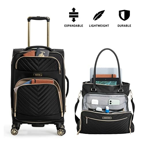 Expandable black suitcase with gold zippers and matching tote bag, featuring organized compartments.