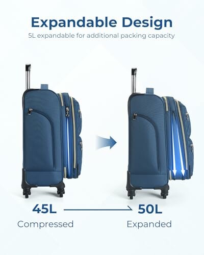 Luggage showing expandable design from 45L to 50L capacity.