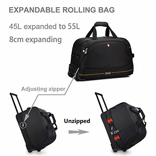 Expandable rolling bag showing 45L to 55L expansion with zipper adjustment.