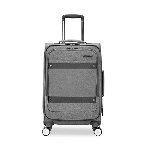 Grey fabric suitcase with wheels and handle