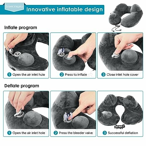 Steps for inflating and deflating an innovative inflatable travel pillow.