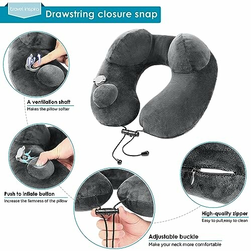 Inflatable travel neck pillow with drawstring closure and adjustable buckle.