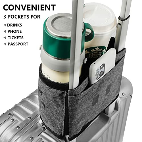 Luggage cup holder accessory with pockets for drinks, phone, tickets, and passport.