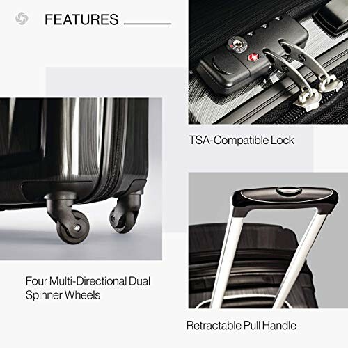 Luggage with TSA-compatible lock, spinner wheels, and retractable handle.