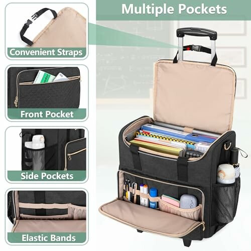 Rolling bag with multiple pockets and compartments, including front, side, and elastic band sections.