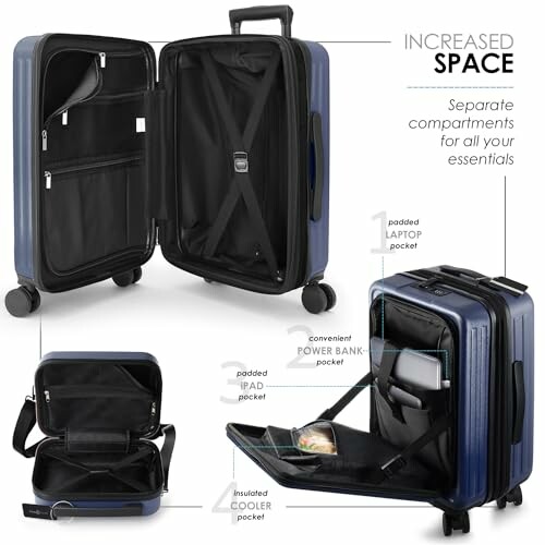 Smart luggage with increased space and separate compartments for essentials.