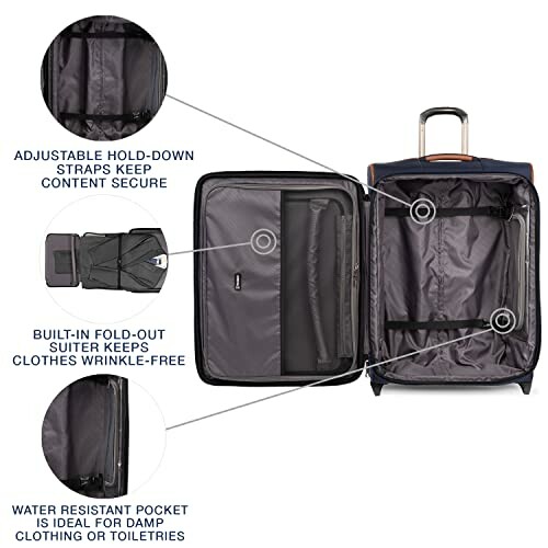 Open suitcase showing adjustable straps, fold-out suiter, and water-resistant pocket.