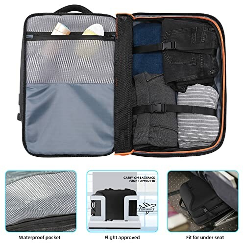 Open travel backpack with organized compartments and clothes.