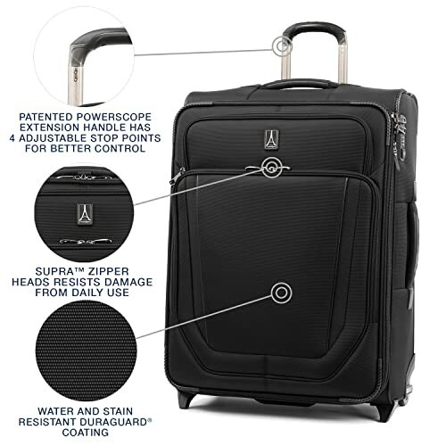 Black Travelpro suitcase with patented Powerscope handle, Supra zipper, and Duraguard coating.