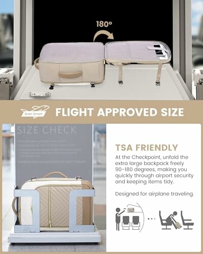 TSA-friendly luggage display showing backpack unfolded for airport security.