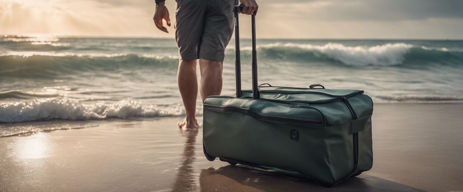 Waterproof Rolling Tote on Beach with Umbrella