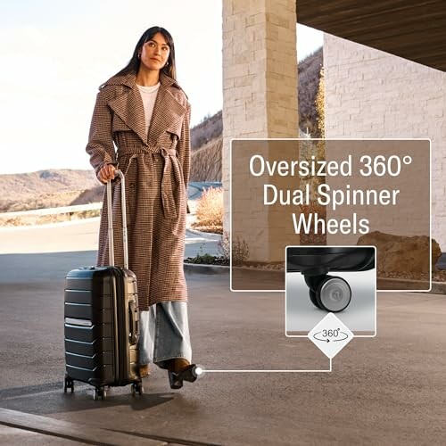 Woman with suitcase featuring oversized 360-degree dual spinner wheels